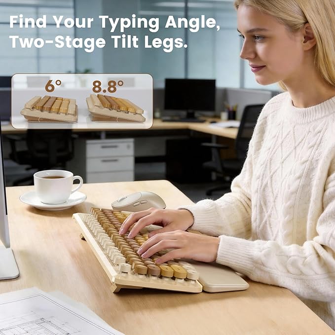 Wireless Keyboard and Mouse Combo, Magnetic Soft-Touch Wrist Rest, Round Keycaps, Full-Size Retro Typewriter Keyboard, 2-Stage Tilt Legs, Auto Sleep, 2.4GHz Cordless for Windows PC, Beige-Brown Ombre