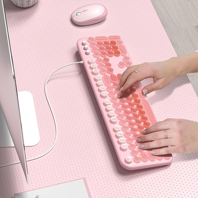 Wired Keyboard with Backlit, Light Up Computer Keyboards with Multimedia Keys, Full Size Wired Keyboard with Illuminated LED, Plug and Play, Anti-Wear Letters for Laptop, Desktop- Pink Colorful