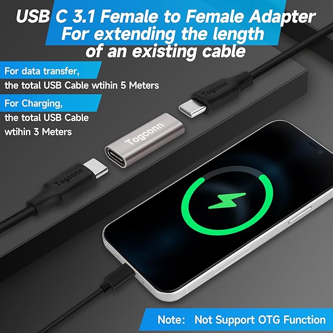 USB C 3.1 Coupler 2Pack, USB 3.1 Type-C Female to Female Extension Adapter Connector Supports 4K@60Hz Video, 10Gbps Data Transfer and Fast Charging Compatible with Thunderbolt 4/3, iPhone 15/16 Series
