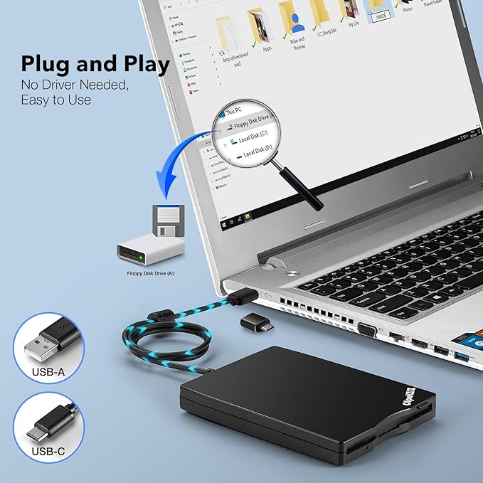 Floppy Disk Reader 3.5 inch External USB A&C Floppy Disc Drive 3 1/2 Floppy Disk Drive/Converter/Player/Reader/Transfer for Laptop Desktop PC Compatible with Windows 11/10 (Frosted Texture)