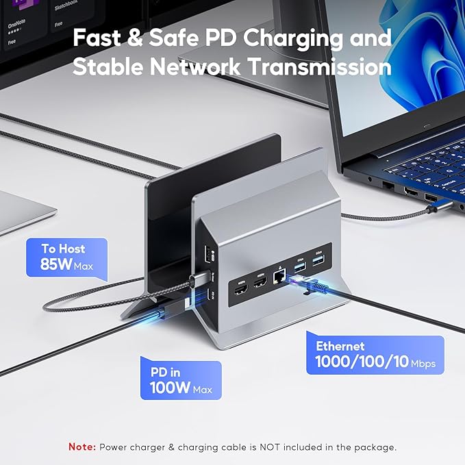 Laptop Docking Station Dual Monitor, 11 in 1 Vertical USB C Dock Stand with 2 HDMI 4K 60Hz, 3 USB A/C 10Gbps, 2 USBA 5Gbps, USB-A 2.0, Ethernet, PD 3.0 Docking Station for Type-C Laptops