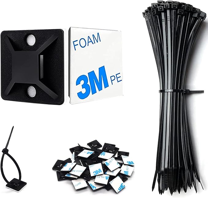 Strong Back-Glue Self Adhesive Cable Zip Tie Mounts Kit - 50 Set Cable Management Clips with 6" Zip Ties, Wire Holders - Outdoor Sticky Wire Organizer Clips-Black (50 Set, Black)
