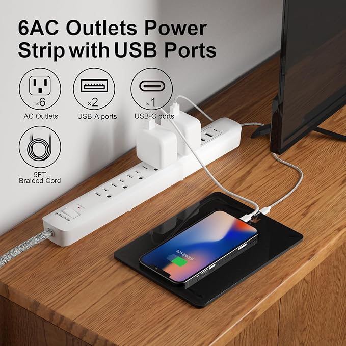 2 Pack Power Strip Surge Protector - 6 Outlets 3 USB Charging Ports (1 USB C), 5Ft Extension Cord, Flat Plug, Overload Protection, Wall Mount for Office Home, Dorm Room White
