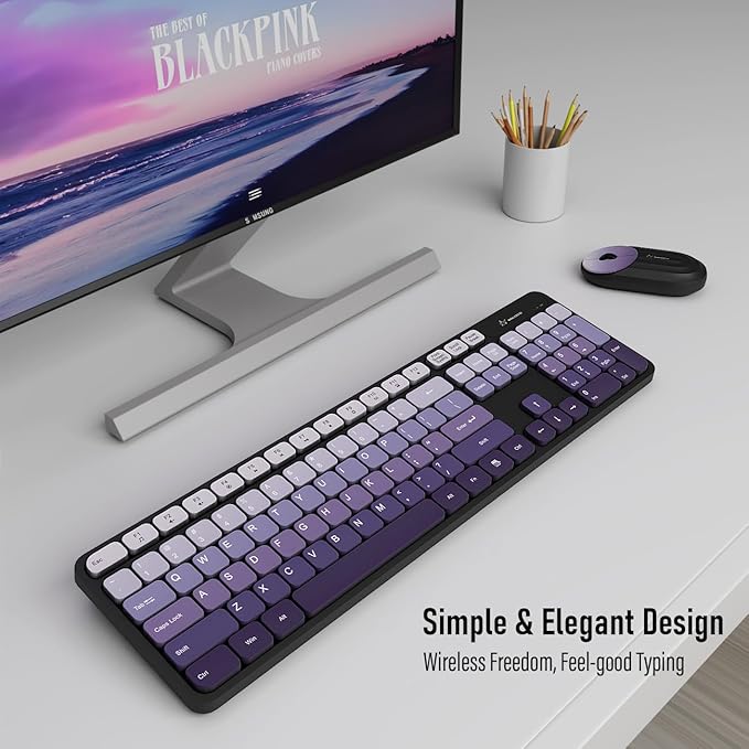 Wireless Keyboard and Mouse Combo - 2.4G Wireless, Rechargeable, Low-Noise, Cute Colorful, Full-Sized, 3 DPI Adjustable Mouse, for Computer, Laptop, PC, Desktop(Black-Purple)