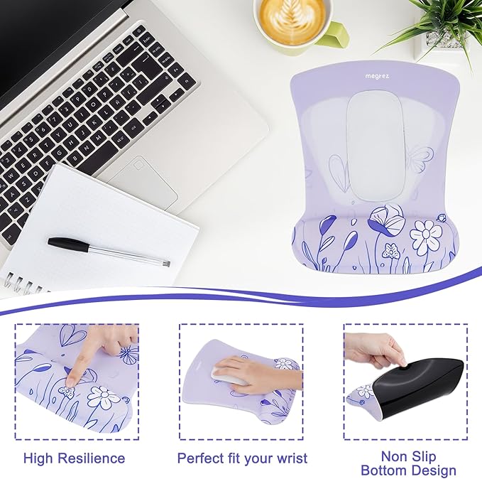 MEGREZ 4-in-1 Ergonomic Memory Foam Wrist Rest Set, Desk Pad, Mouse Pad with Wrist Rest, Keyboard Pad, Suitable for Office Workers, Programmers & Gamers–Relieve Typing & Gaming Fatigue,Light Purple