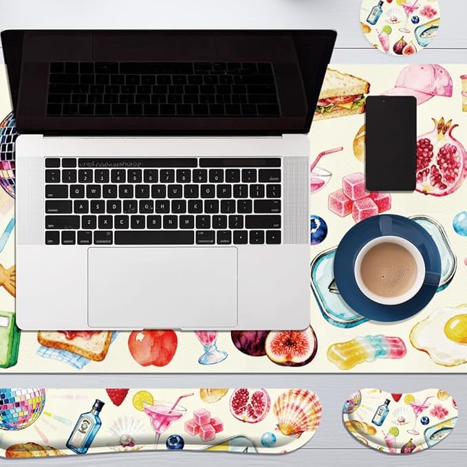 4 in 1 Large Keyboard Mouse Pad Set, Ergonomic Keyboard Wrist Rest Pad, Wrist Support Mousepad Set, Cup Coaster, Extended Desk Mat for Home Game Women Office Desk Decor Accessories(Food)