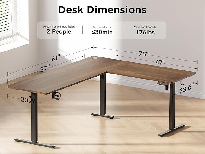 75x61 Inches Reversible L Shaped Standing Desk Height Adjustable with Cup Holder, Electric Corner Computer Workstation for Home Office, Ergonomic Sit Stand up Gaming Desk, Black Walnut
