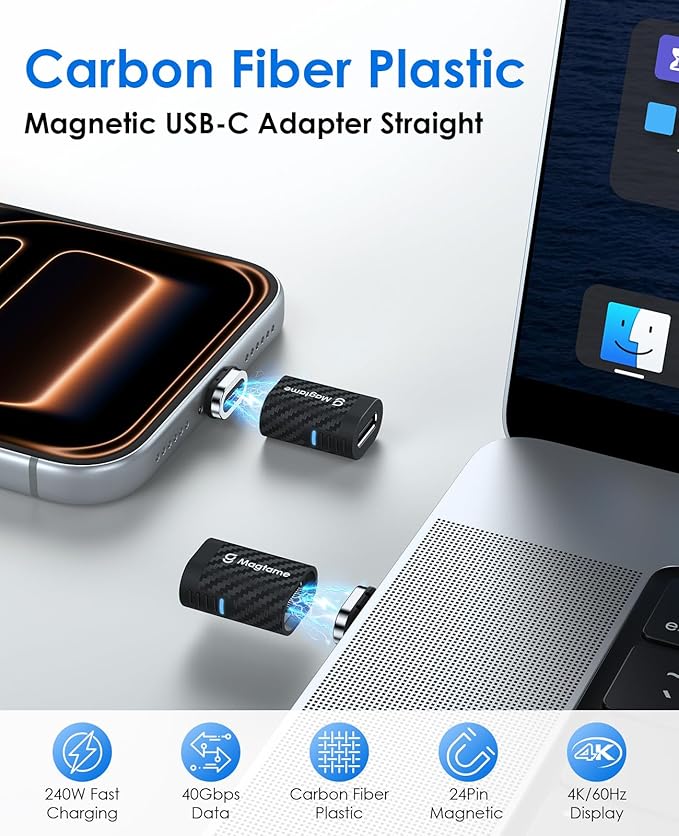 Magtame Carbon Fiber Plastic USB C to USB C Magnetic Adapter 24Pin 240W (1Pack with 2 Tips), Straight Type-C Extender, 40Gbps Fast Charge and 4K Video, Protect Port for Laptop, iPhone 17/16, USB3/4