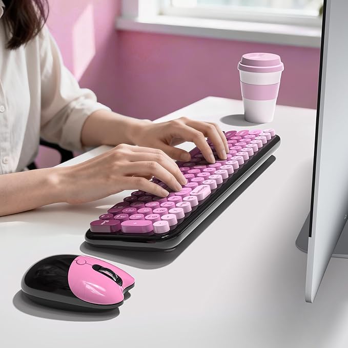 Wireless Keyboard and Mouse Combo, MOWUX Compact Typewriter Retro Round Computer Keyboard, Cute Optical Mouse Wireless, Plug and Play, for Laptop, PC, Computer- Black Pink Gradient
