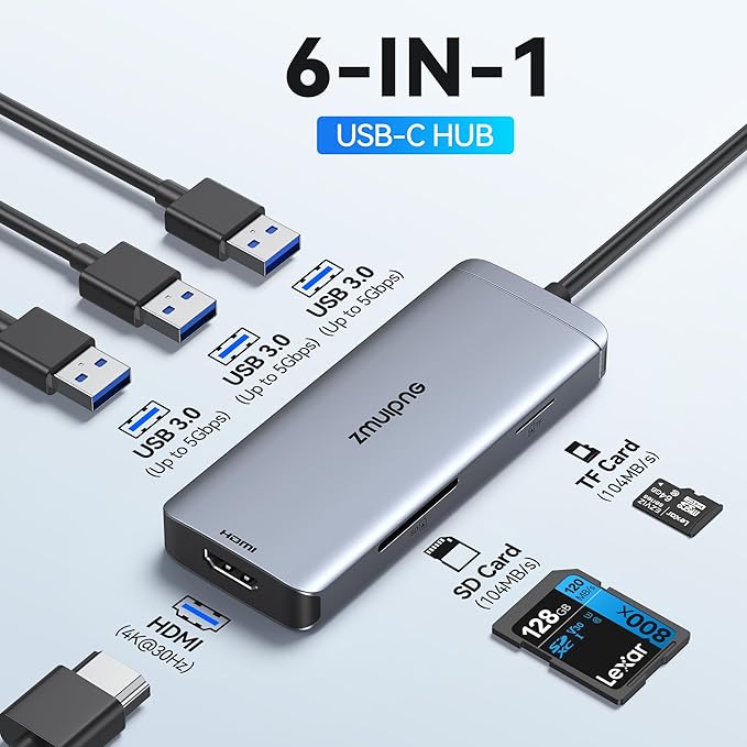 USB C Hub Adapter for MacBook Air, USB-C HD MI Dongle for MacBook Pro, 6 in 1 USBC HDMI Multiport Adapter Mac Converter with 4K HDMI,3 USB 3.0,SD/TF for Dell XPS, HP, Surface and Other Type C Devices