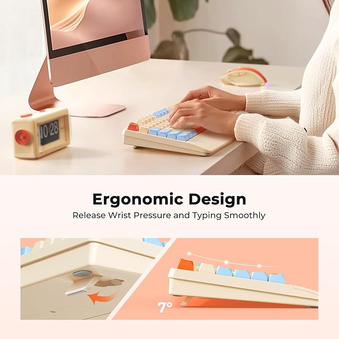 MEETION Cute Wireless Keyboard and Mouse, Colorful Retro Keycap, Bluetooth Ergonomic Rechargeable Keyboard with Detachable Wrist Rest Cover, 4 DPI Swing Mouse, for Computer/Laptop/PC/Windows/Mac Cream