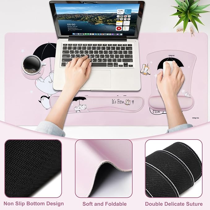 MEGREZ 4-in-1 Ergonomic Memory Foam Wrist Rest Set, Desk Pad, Mouse Pad with Wrist Rest, Keyboard Pad, Suitable for Office Workers, Programmers & Gamers–Relieve Typing & Gaming Fatigue, Pink