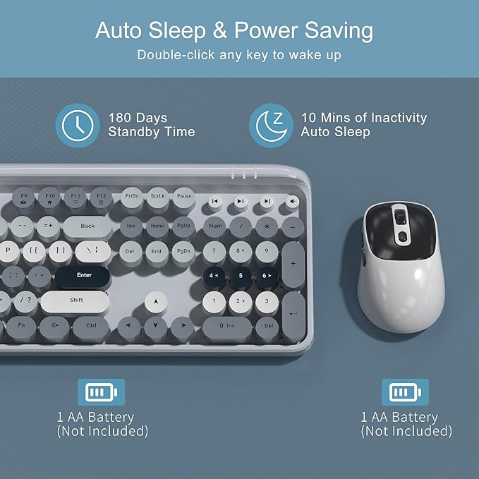 MageGee V920 Wireless Keyboard and Mouse Combo, 2.4G Full-Sized Retro Typewriter Keyboard with Round Keycaps & Auto-Sleep Mode, Cute Computer Keyboard and Cordless Optical Mouse for Laptop/PC (Gray)