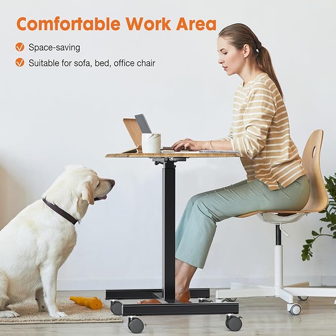 Sweetcrispy Small Mobile Standing Desk, Rolling Laptop Computer Carts, Portable Laptop Desk with Wheels, Adjustable Height Table for Home Office, Rust Brown