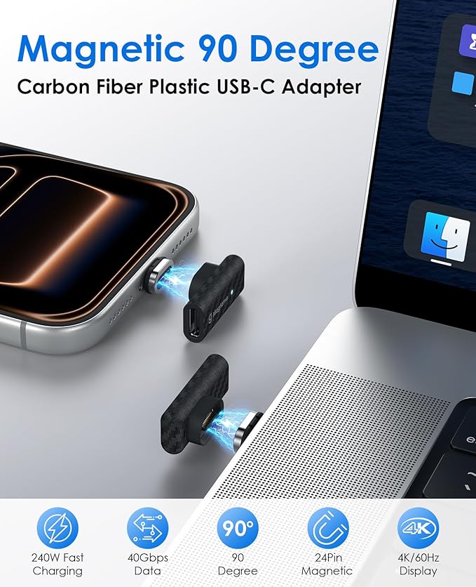 Magtame Magnetic USB C Right Angle Adapter 24Pin 240W 1Pack with 2 Tips, Carbon Fiber Plastic 90 Degree USB C Male to Female Adapter, 40Gbps Fast Charging & 4K Video for iPhone 17 16, Laptop, USB4