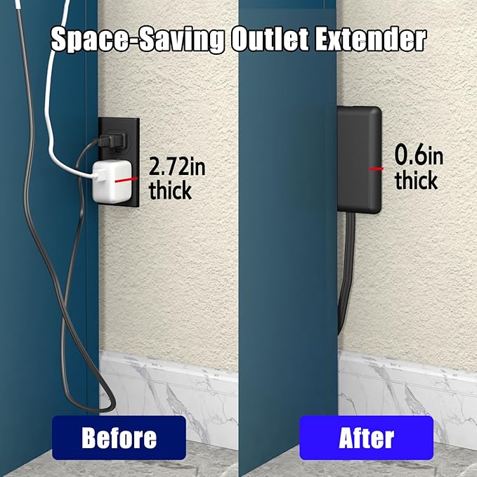 3FT Ultra Flat Plug Extension Cord Power Strip with 3 Outlets, Patented Detachable Ultra-Thin Outlet Cover Concealer & Ultra-Flat Plug, Max. 13A 125V 1625W ETL Listed, Black Color