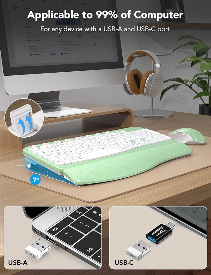 SABLUTE Wireless Keyboard and Mouse Combo, Ergonomic Wave Keys, Cushioned Plam Rest, Comfortable Silent Natural Typing, 2.4G Lag-Free, MA12 Full Size Keyboards Set for Multi-OS, Windows/Mac, Green
