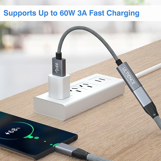 USB to USB C Cable Adapter – 10Gbps High Speed USB 3.2 Converter Data Transfer 60W Fast Charging, Compatible with Laptops, PCs, Flash Drives (1.65 ft, Grey)