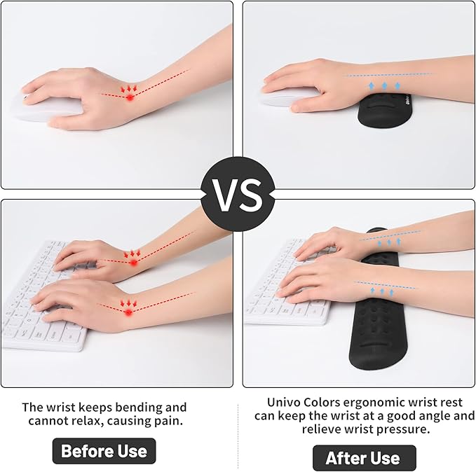 Univo Colors Black Keyboard Wrist Support and Mouse Wrist Rest Set, Made of Memory Foam Soft Gel, Ergonomic Pad for Computer, Laptop, Mouse, Office, Gaming