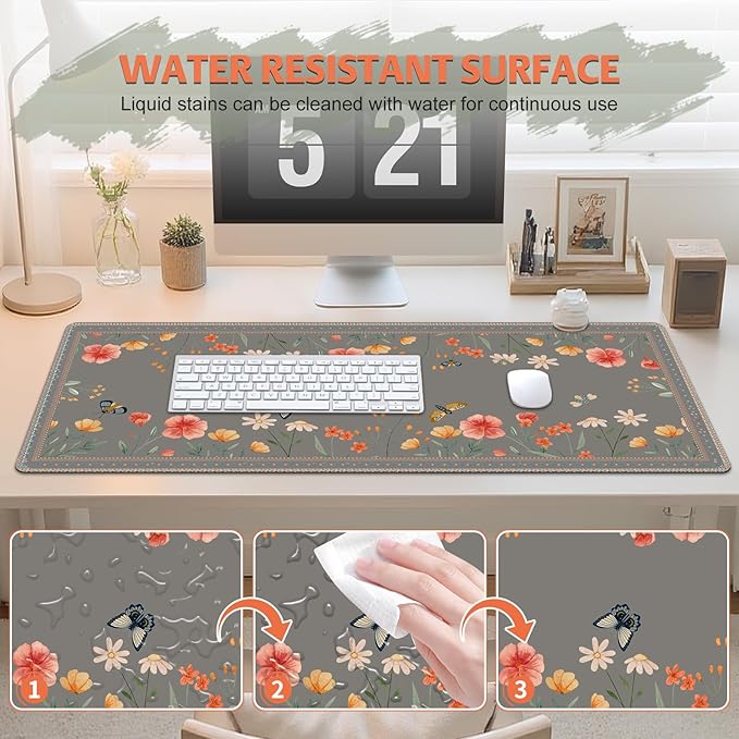 Desk Pad for Keyboard and Mouse, Large Mouse Pad for Desk, Non-Slip Keyboard Mat, Computer Mats for Desk, Cute Desk Pad with Stitched Edges for Office, Gaming I Brown Butterflies Flowers
