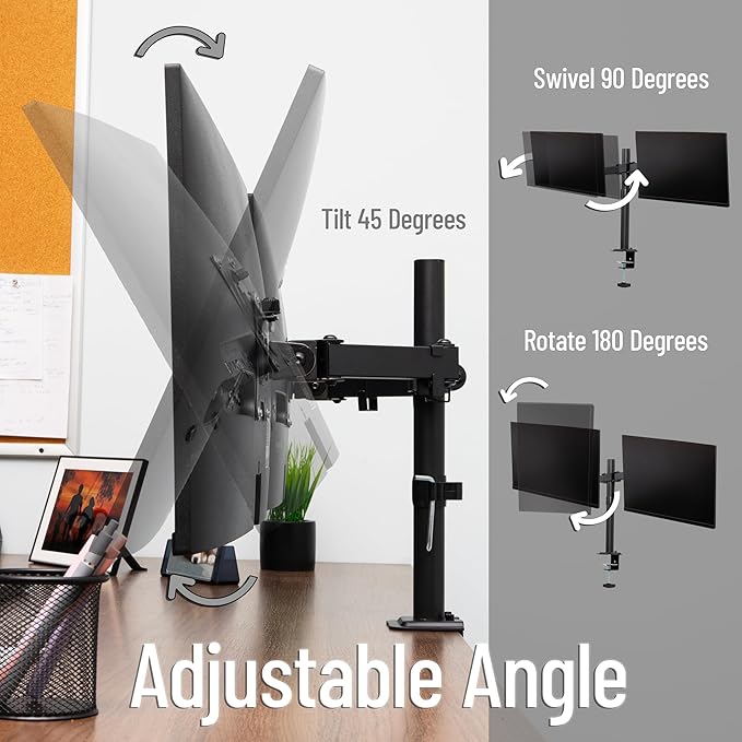 Mind Reader Dual Monitor Desk Mount for 13"-32" Screens, Adjustable VESA Mount with 180° Rotation, ±90° Swivel, ±45° Tilt, Integrated Cable Management, 17.6 lb Capacity Each, Black