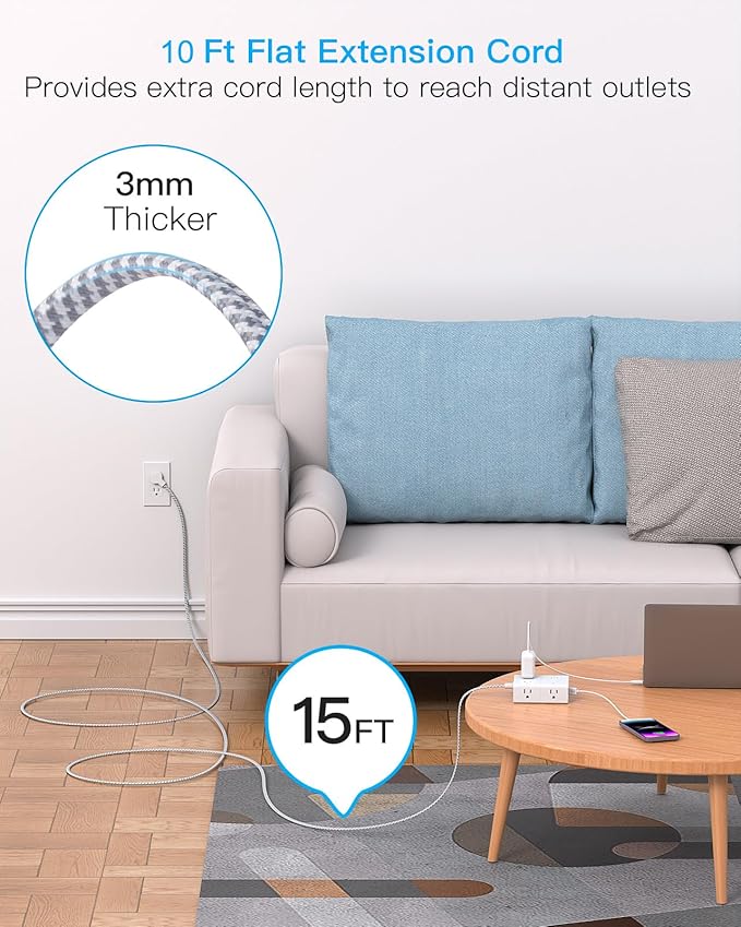 10Ft Extension Cord with Multiple Outlets, Flat Plug Power Strip Surge Protector 10 Ft Long Cord, 8 Outlet 4 USB Ports (2 USB C), Multi Outlet Wall Plug for Office, College, Dorm Room Essentials
