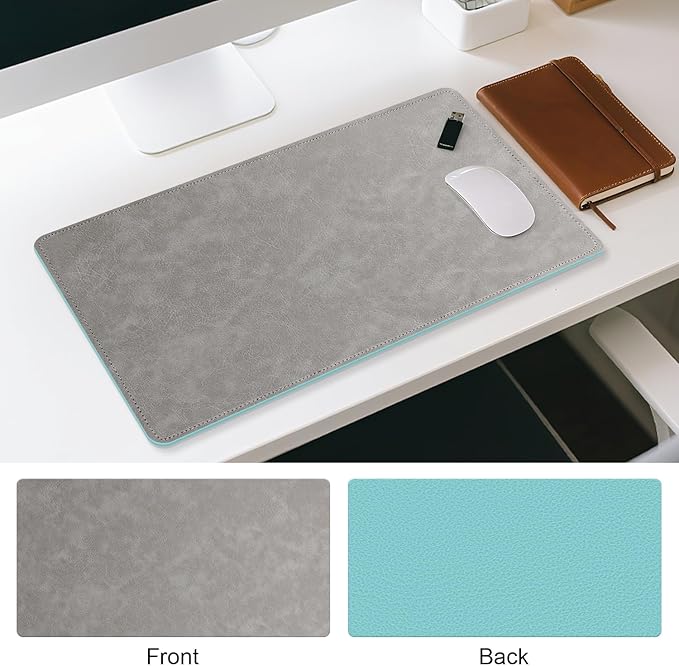 Imitation Crazy Horse Leather Desk Mat - Waterproof Desk Pad - Ideal for Large Mouse Pad and Desk Mats on Top of Desks (Light Gray+Light Blue, 25"*13")