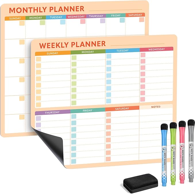 Magnetic Whiteboard Calendar for Fridge – 2-Pack Monthly & Weekly Planners (14”x12”) – Dry Erase Boards with Notes Section, Shaded Dates – Includes 4 Markers & Magnetic Eraser