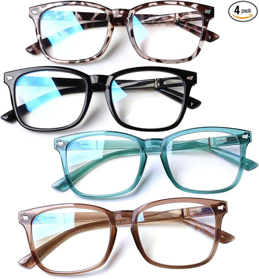 Henotin 4-Pack Blue Light Blocking Reading Glasses Women Men,Spring Hinge Computer Readers,Anti UV Ray Square Nerd Eyeglasses (4-pack Mix Color, 1.50, Diopters)