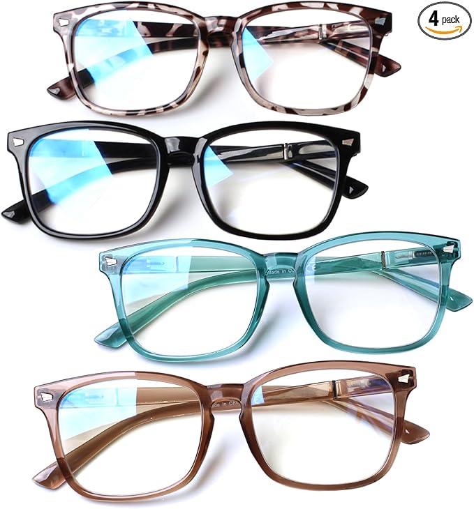 Henotin 4-Pack Blue Light Blocking Reading Glasses Women Men,Spring Hinge Computer Readers,Anti UV Ray Square Nerd Eyeglasses (4-pack Mix Color, 0.75, Diopters)
