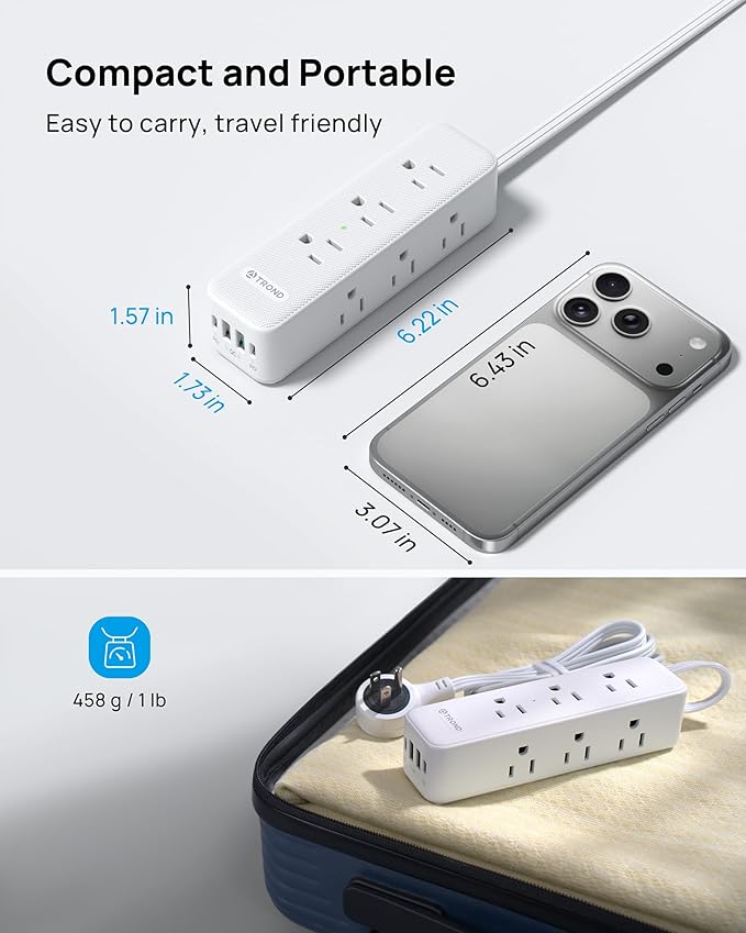 TROND 360° Rotating Flat Plug Power Strip with USB PD 20W, 10FT Flat Extension Cord Surge Protector 1300J with 9 Outlets 4 USB Ports, Wall Mountable, for Home Office Travel Dorm Room Essentials, White