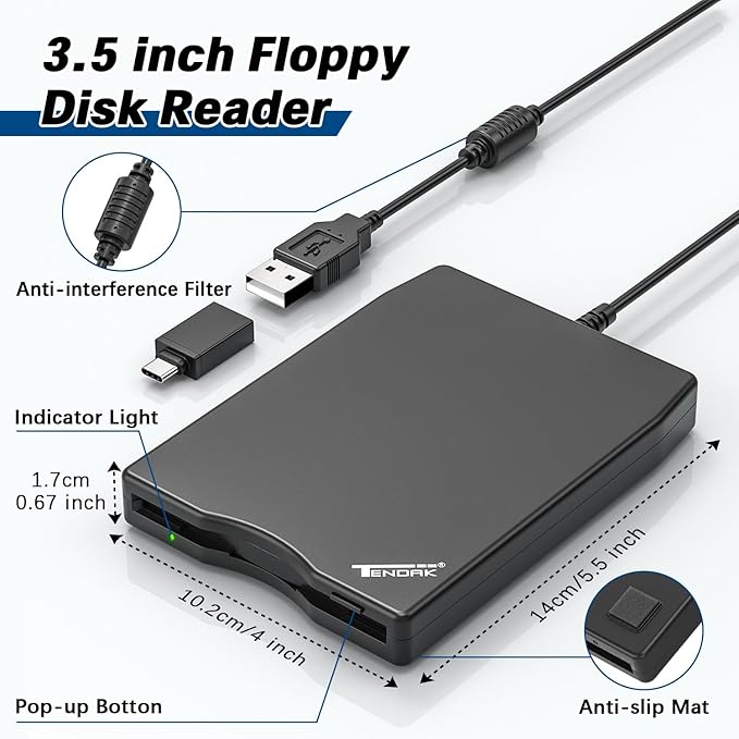 Tendak USB Floppy Disk Drive, Floppy Disk Reader 3.5 inch Portable USB External 1.44MB FDD Diskette Drive for Windows 11/10/8/7/2000/XP/Vista PC Laptop, Plug and Play (Black)