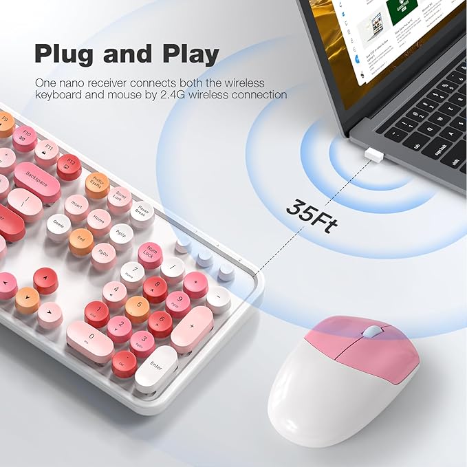 Wireless Keyboard and Mouse Combo, MOWUX Full Size Typewriter Retro Round Computer Keyboard, Mouse Wireless, Plug and Play, for Laptop, PC, Computer- White Colorful