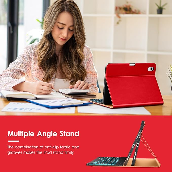 VIKESI Keyboard Case for iPad (A16,2025) 11th Generation/iPad 10th Generation Case (10.9" 2022),Premium Leather Smart Cover,Built-in Breathing Light,Function Row,Pencil Holder,Card Slots - Bright Red