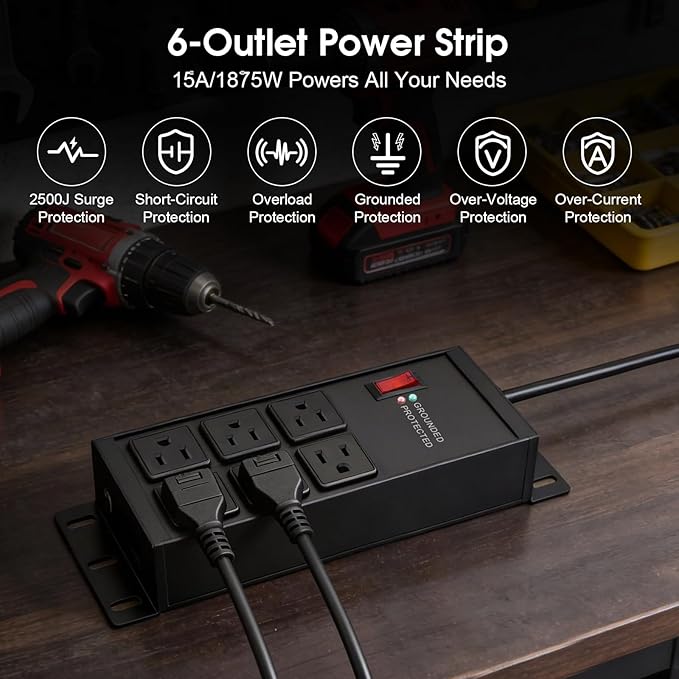 Heavy Duty Power Strip Surge Protector 2500J, 15A 1875W 6 Outlets Extension Cord 6FT 14AWG with Flat Plug, Metal Power Strip for Kitchen Appliances, Workshop, Garage & Office (Black, 6FT)