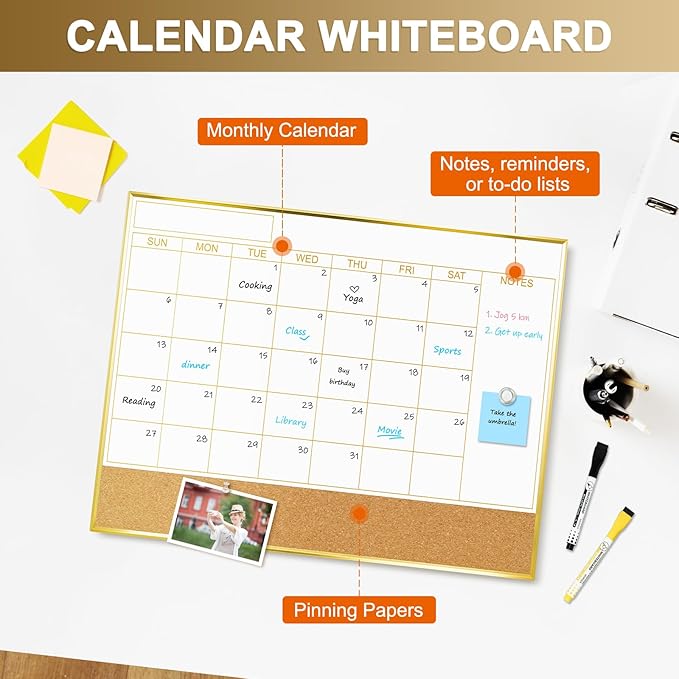 Large Dry Erase Calendar Whiteboard for Wall, 36'' x 24'' Magnetic Monthly White Board with Cork Board, Gold Aluminum Frame Memo Board for Home, Office, School