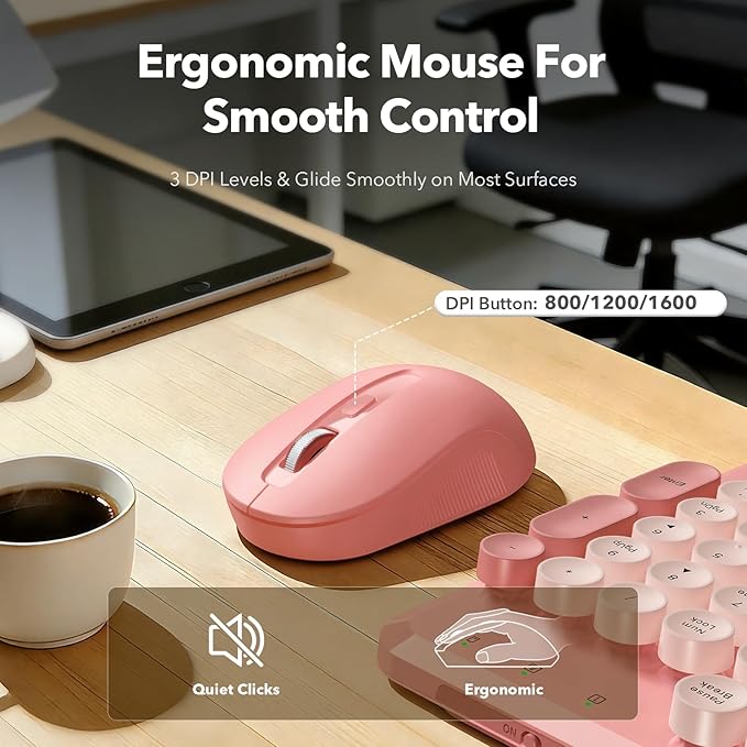 Wireless Keyboard and Mouse Combo with Detachable Magnetic Wrist Rest, Retro Typewriter-Style Keyboard, Round Keycaps, Adjustable Legs, 3-Level DPI Mouse, 2.4GHz for Windows PC/Laptop (Blush Pink)