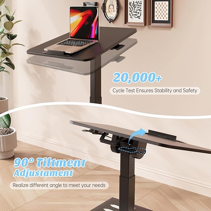 Foldable Mobile Standing Desk, Pneumatic Height Adjustable Rolling Sit Stand Desk, 90° Tiltable Portable Laptop Cart on Wheels, Mobile Desk Workstation for Home Office, Easy to Fold