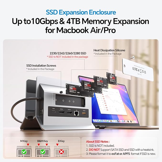 MacBook Docking Station Dual Monitor, Vertical Mac Laptop Docking Station Dock Stand with 2 HDMI 4K@60Hz, USB A/C 10Gbps, PD, Ethernet, USB 2.0, SD/TF, Compatible with MacBook Pro Air M3 M4 M5