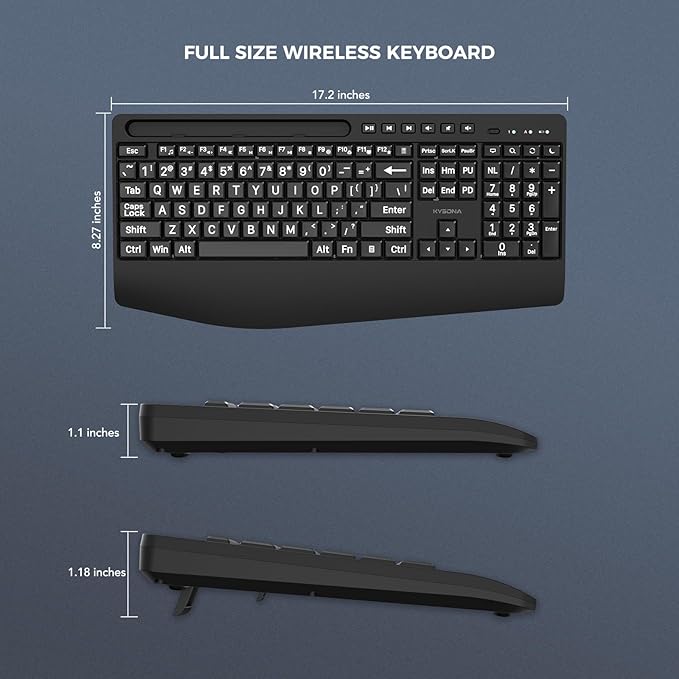 KYSONA Large Print Wireless Keyboard, Full Size Cordless Computer Keyboard with Phone Holder, Palm Rest, Ergonomic Tilt Angle, 2.4G Plug-and-Play, Compatible with Tablet/Windows/Laptop/PC, Black