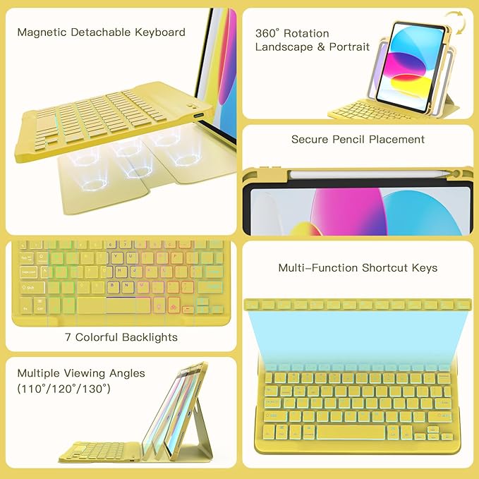 for iPad 11th(A16, 2025)/10th Generation Case with Keyboard, 360° Rotatable Case & Detachable Backlit Keyboard, Precision Cutouts and Pen Holder for iPad A16 11''/10th 10.9'', Yellow