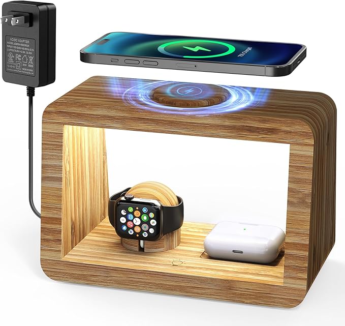 Bamboo Wireless Charging Station with Night Light, 3 in 1 Charging Station for iPhone 17/16/15/14/13/12/11 Pro Max/X/Xs, AirPods 4/3 & AirPods Pro 3/2/1/, Apple Watch Series