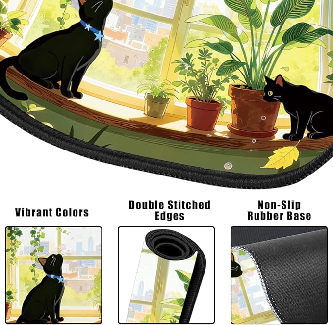 4 in 1 Large Keyboard Wrist Rest Pad, Ergonomic Wrist Rest Set, Cup Coaster, Extended Desk Mat for Home Game Office Desk Decor Accessories(Plant&Cat Pattern)