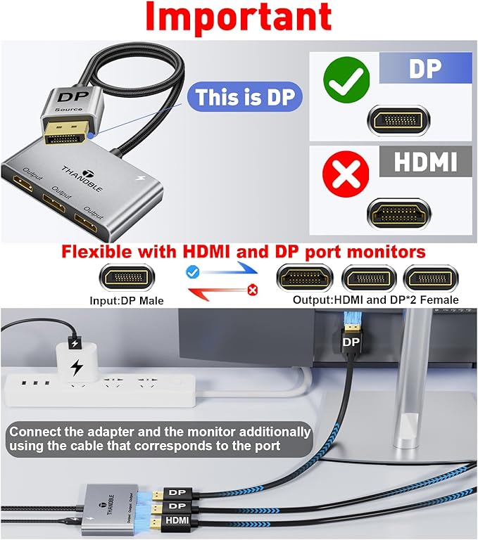 DisplayPort to Dual DisplayPort with HDMI Adapter 4K@60Hz, Extended Display 1 in 3 Out MST Hub for Multiple Monitors Compatible with PC,NVIDIA/AMD Graphics Card