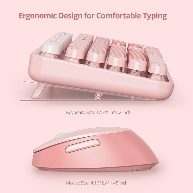 Cute Pink Keyboard and Mouse Combo Wireless, 2.4G Full Size 104-Key Retro Typewriter Keyboards Round Keys for Students Teenagers Home Office PC Laptop(Diary Pink)