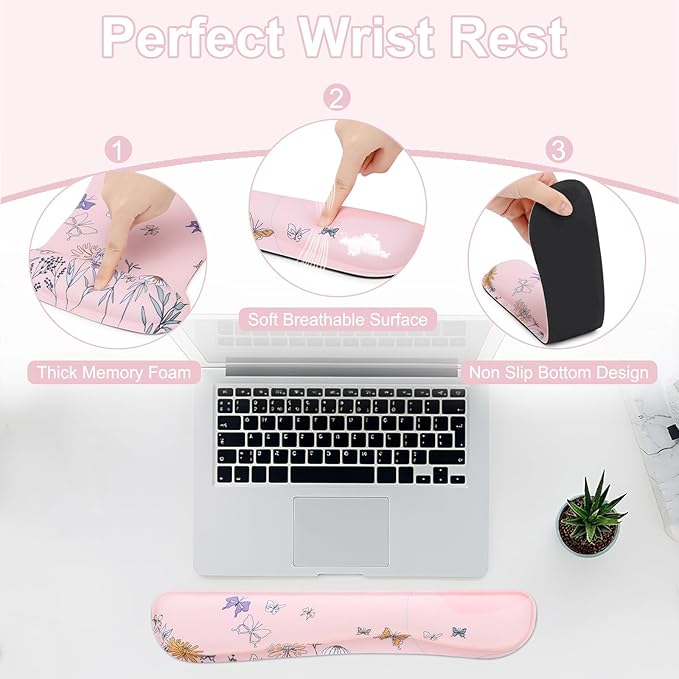 MEGREZ 4-in-1 Ergonomic Memory Foam Wrist Rest Set, Desk Pad, Mouse Pad with Wrist Rest, Keyboard Pad, Suitable for Office Workers, Programmers & Gamers–Relieve Typing & Gaming Fatigue, Light Pink