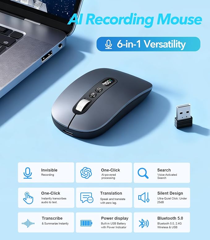 AI Wireless Mouse with Voice & Audio Recorder， Wireless Bluetooth Mouse for MacBook/PC/Laptop,Silent Design,2.4GHz USB-C Rechargeable, AI Writing/Summarize/Translate Office & Study