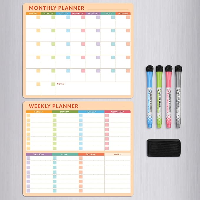Magnetic Whiteboard Calendar for Fridge – 2-Pack Monthly & Weekly Planners (14”x12”) – Dry Erase Boards with Notes Section, Shaded Dates – Includes 4 Markers & Magnetic Eraser