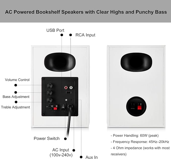 Desktop Speakers for PC, Bookshelf Speakers with Clear Highs & Punchy Bass - 4" Woofer, 80W Peak HiFi Audio for Monitor, Home Theater Sound System and Computer, White Pair