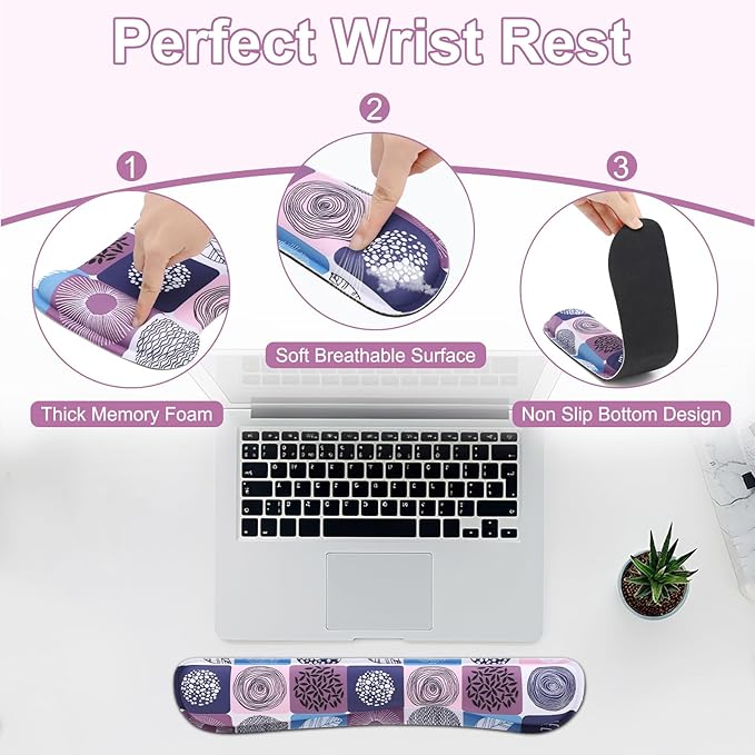 MEGREZ 4-in-1 Ergonomic Memory Foam Wrist Rest Set, Desk Pad, Mouse Pad with Wrist Rest, Keyboard Pad, Suitable for Office Workers, Programmers & Gamers–Relieve Typing & Gaming Fatigue, Color Grid